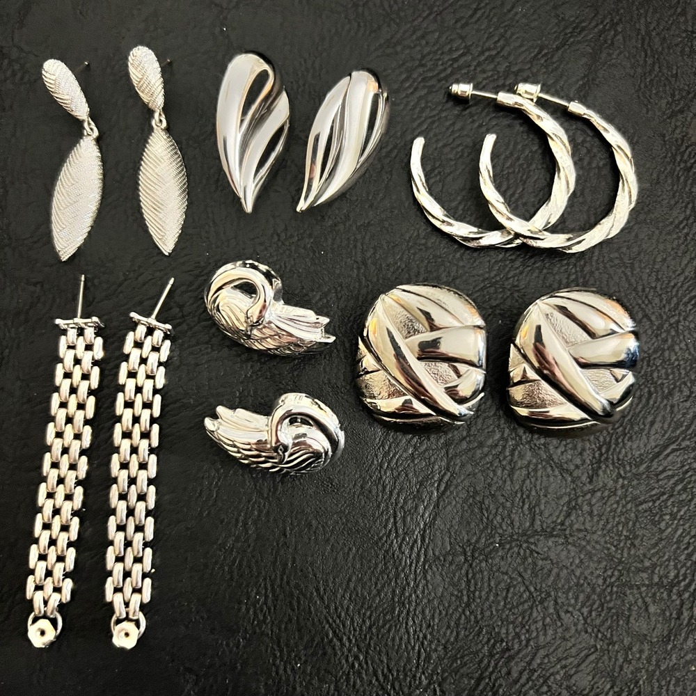 Vintage Silver Tone Earring‎ Lot 6 Pairs Hoops Dangles Swans Various 90s